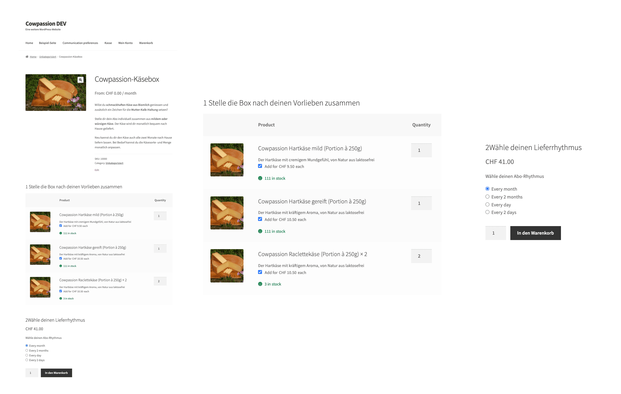 Screenshots des WooCommerce-Prototyps für Cowpassion