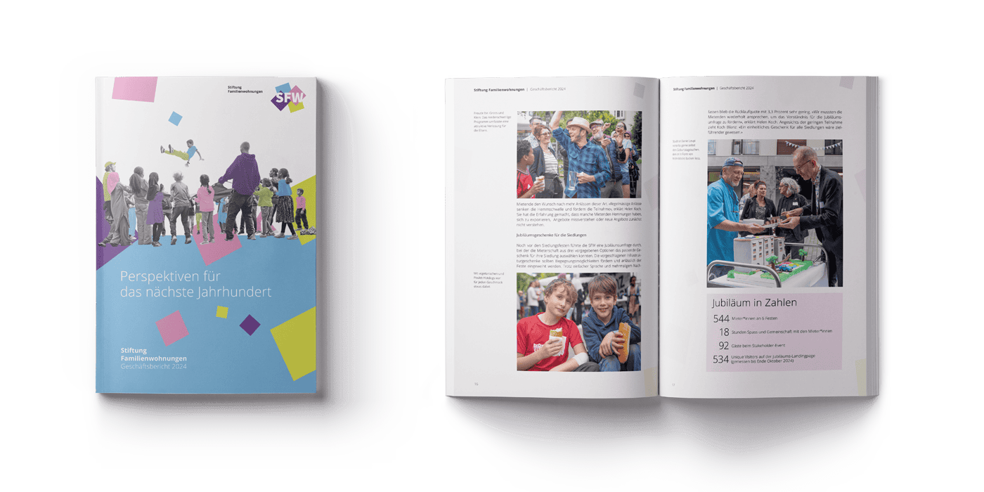 Fotos von ausgewählten Seiten des gedruckten Jahresberichts 2024 der Stiftung Familienwohnungen Zürich