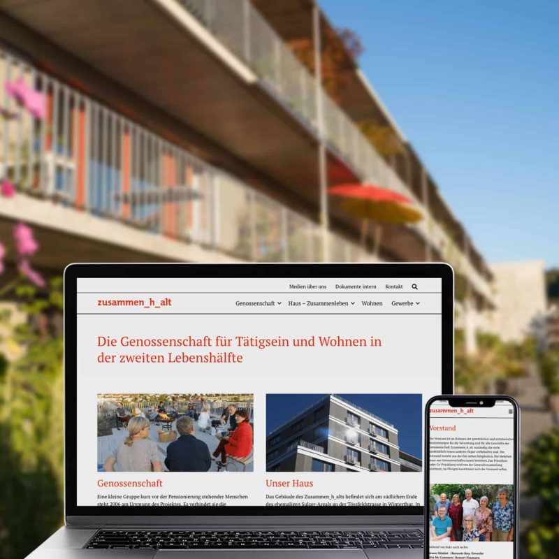 Mockup der Zusammenhalt-Website mit Gebäude im Hintergrund.
